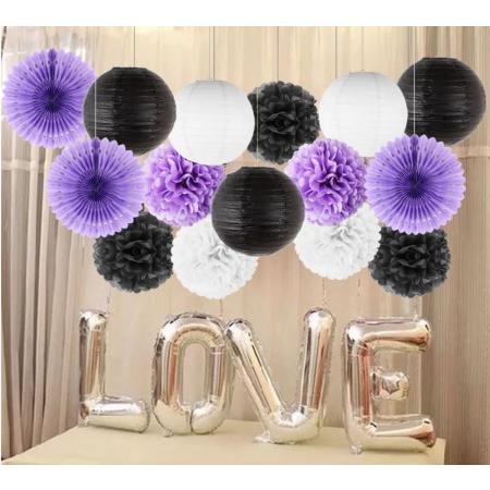 Medium elegante zijdenpapier ballonnen zwart, wit en paars – Lantaarn pompons – feestdecoratie – 15 stuks